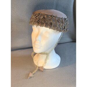 Ladies Glenover Taupe Wool Hat the Netting Ties Henry Pollak Vintage Sz 22